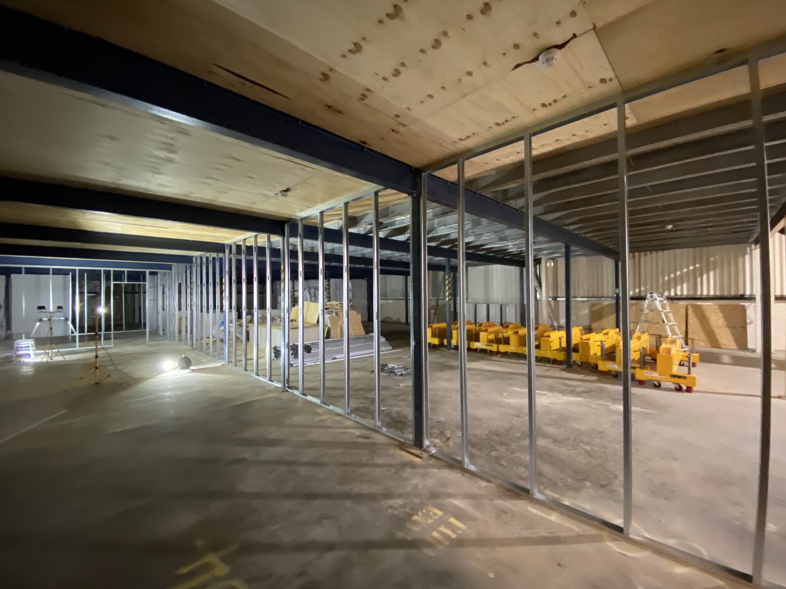 Metal stud partition framework creating research lab rooms in Fulbourn