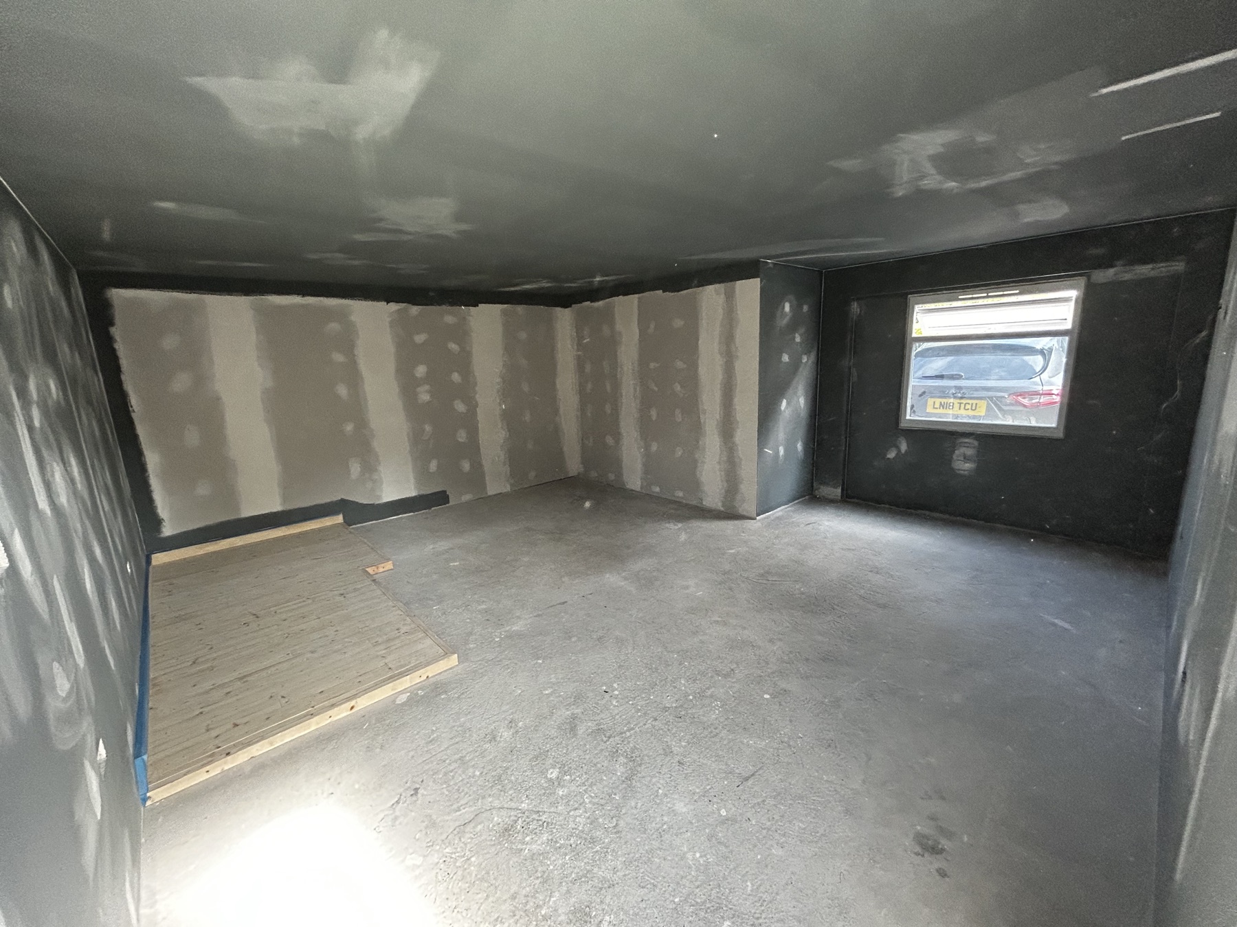 Garage conversion fully boarded and prepared for decoration
