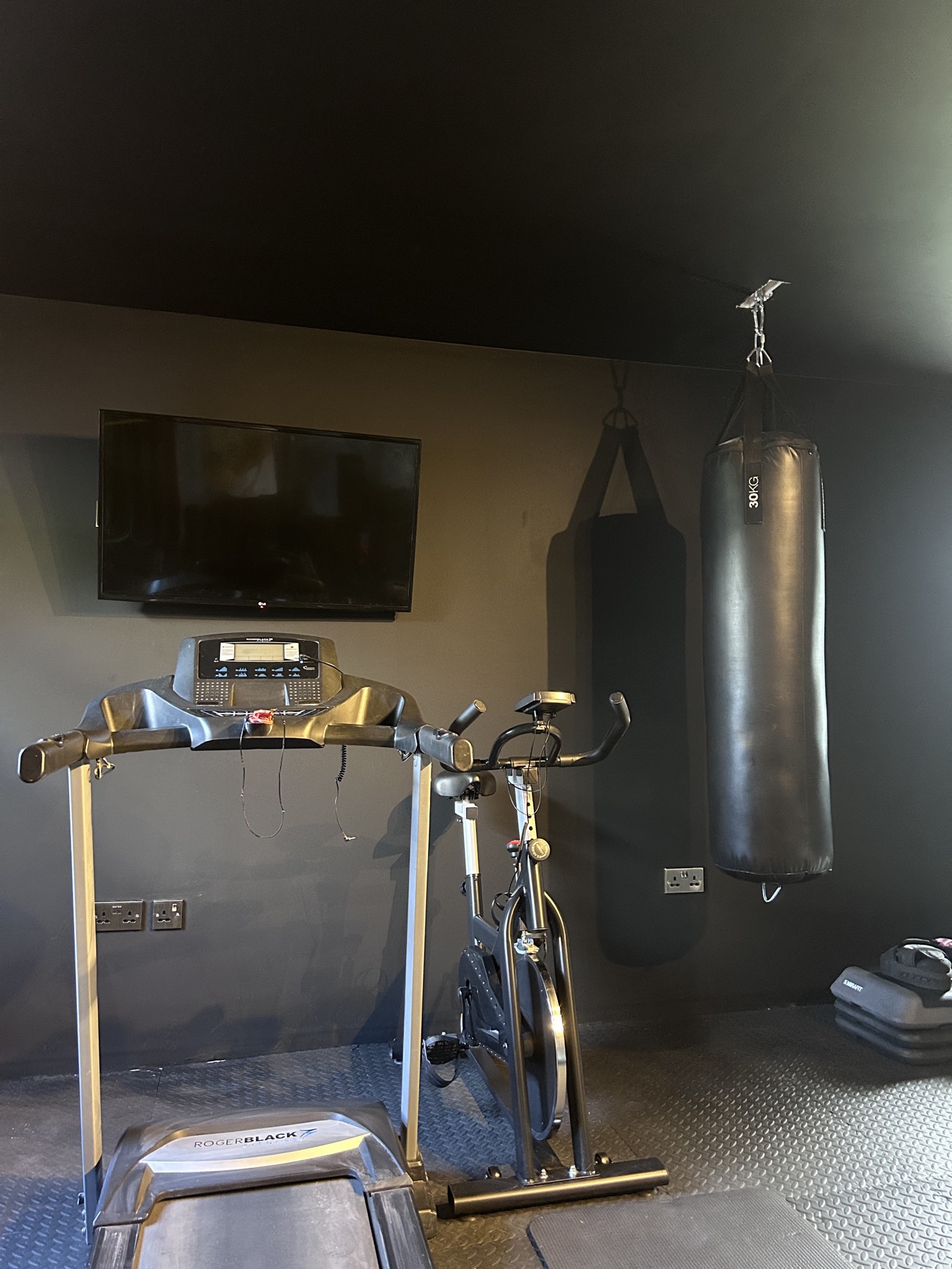 Treadmill, exercise bike, TV and punch bag in the finished gym